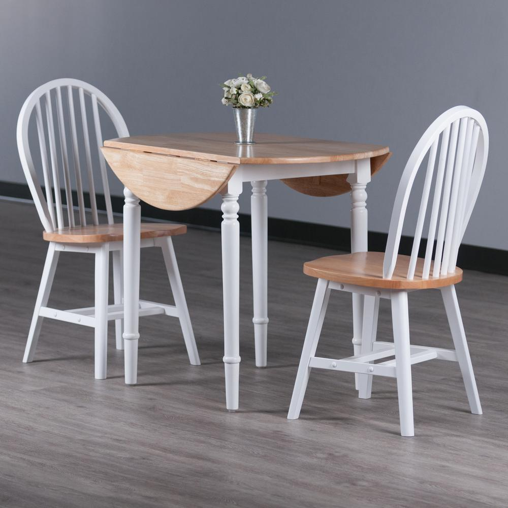 Sorella 3-piece drop leaf dining table with Windsor chairs in natural and white finish, modern wooden furniture set.