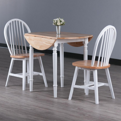 Sorella 3-piece drop leaf dining table with Windsor chairs in natural and white finish, modern wooden furniture set.