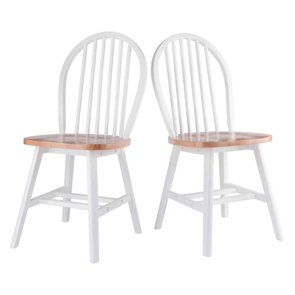 Start2Finish Windsor 2-Pc chair set with natural wood finish and white seats, modern dining chairs with curved backs.