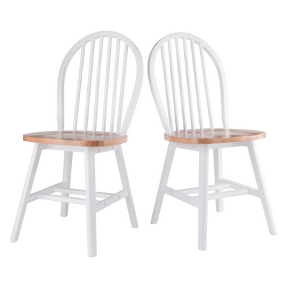 Start2Finish Windsor 2-Pc chair set with natural wood finish and white seats, modern dining chairs with curved backs.
