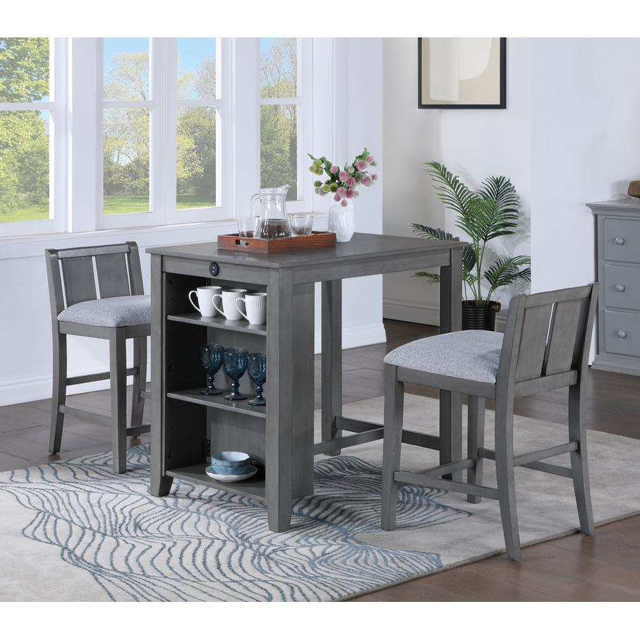 Gray Finish 3-Piece Small Space Counter Height Dining Table with Shelves from Start2Finish, showing compact design and storage shelves.