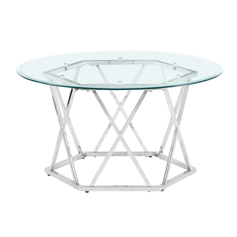 Escondido Glass Cocktail Table by Start2Finish featuring a clear glass top and sleek metal frame in a modern living room setting.