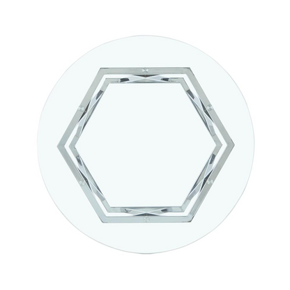 Start2Finish Escondido glass cocktail table with clear rectangular top and sleek metal legs, modern living room decor piece.