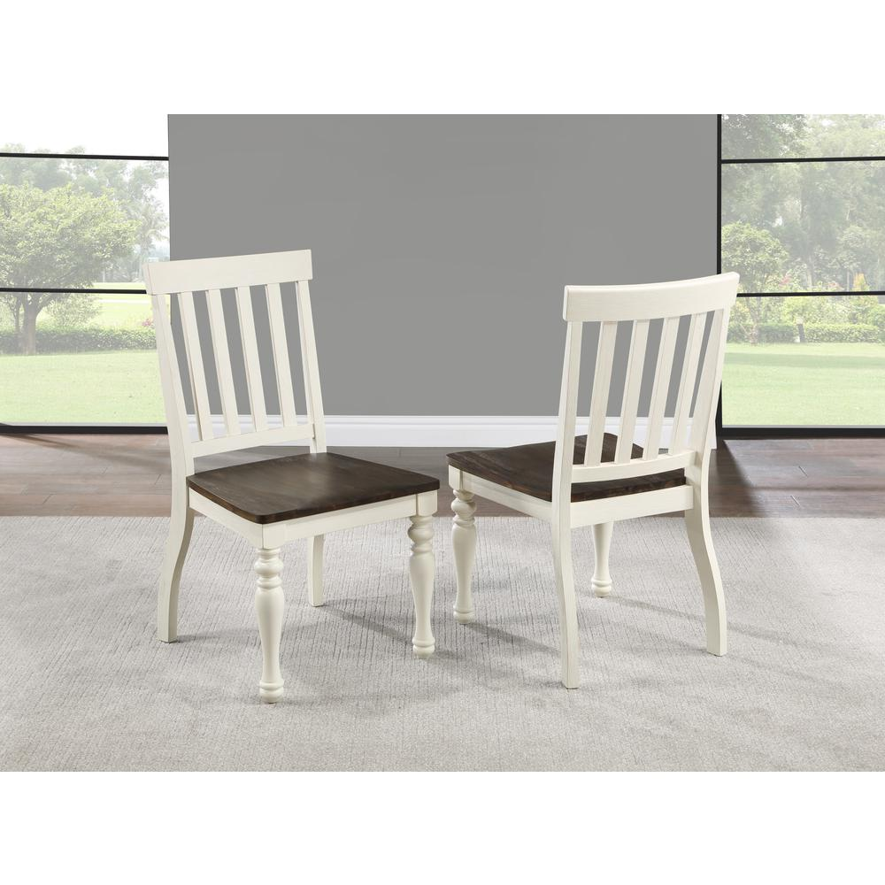 Pair of Joanna side chairs by Start2Finish, featuring wooden frames and cushioned seats in a modern dining room setting.