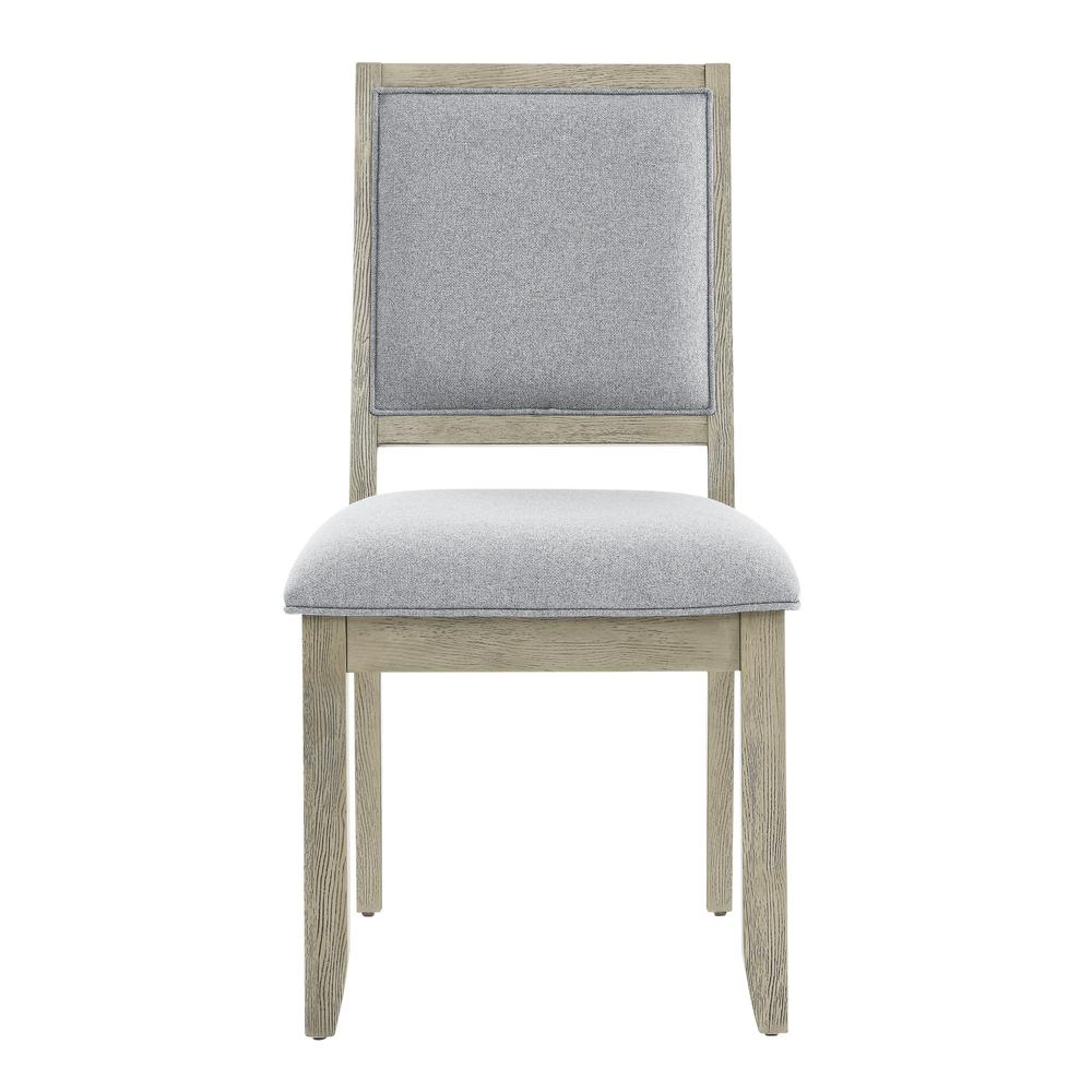 Gray Carena Side Chair by Start2Finish with a sleek modern design and wooden legs, shown from a front angle.