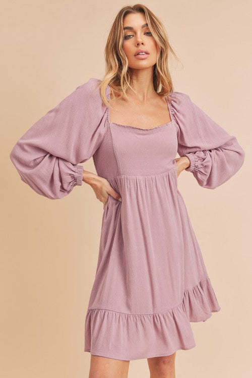 Aemi + Co ruffled hem square neck balloon sleeve mini dress by Jade Icarus, featuring a stylish ruffled hem and puffed sleeves.