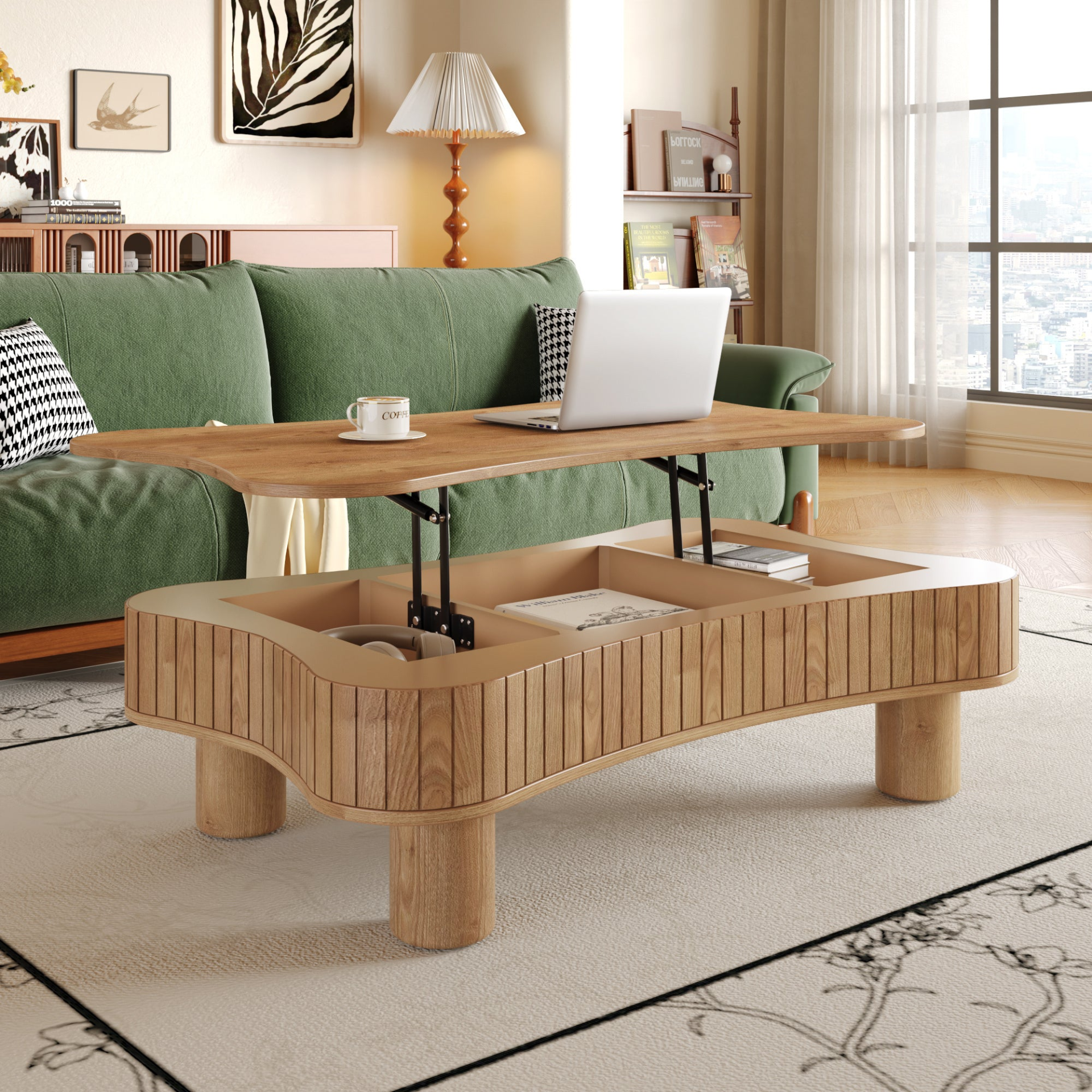 Light brown MDF and black metal coffee table with lift-top storage, ideal for living room furniture by Start2Finish.