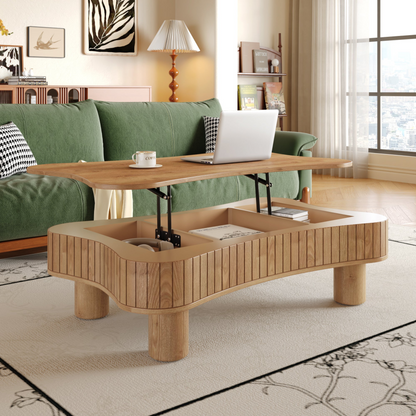 Light brown MDF and black metal coffee table with lift-top storage, ideal for living room furniture by Start2Finish.