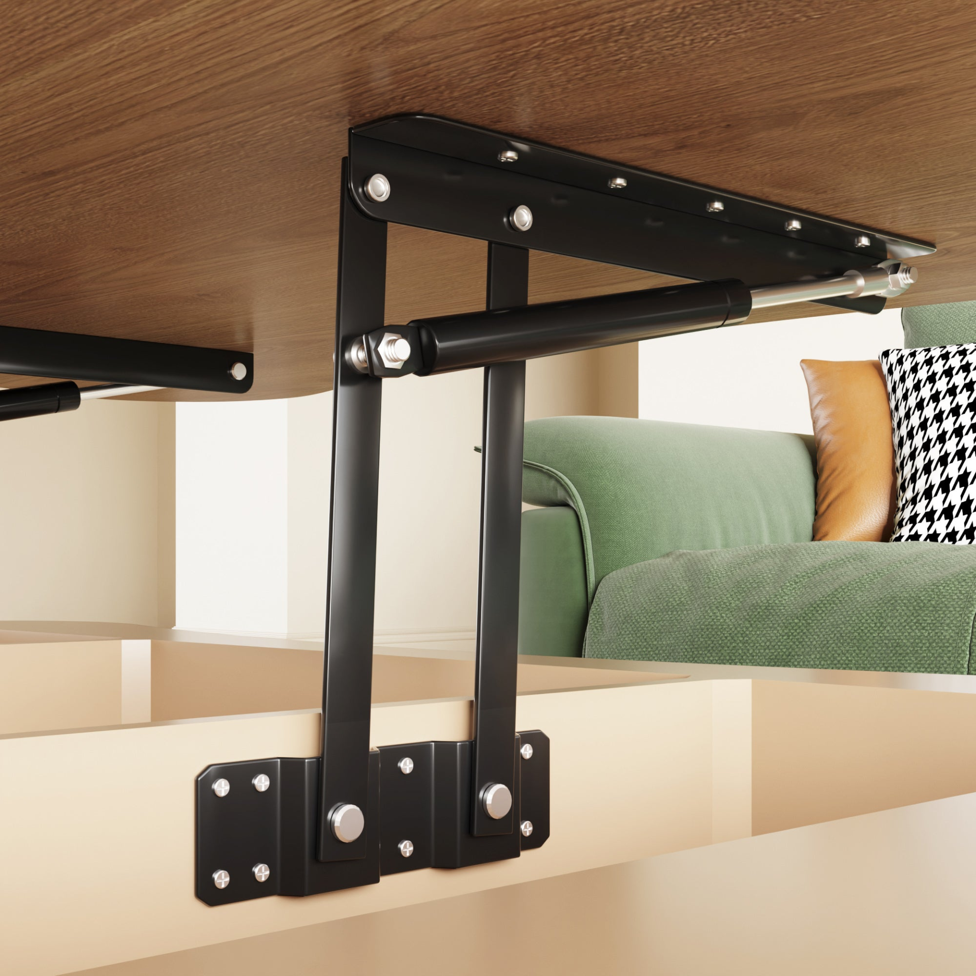 Light brown MDF and black metal coffee table with lift-top storage, ideal for living room furniture by Start2Finish.