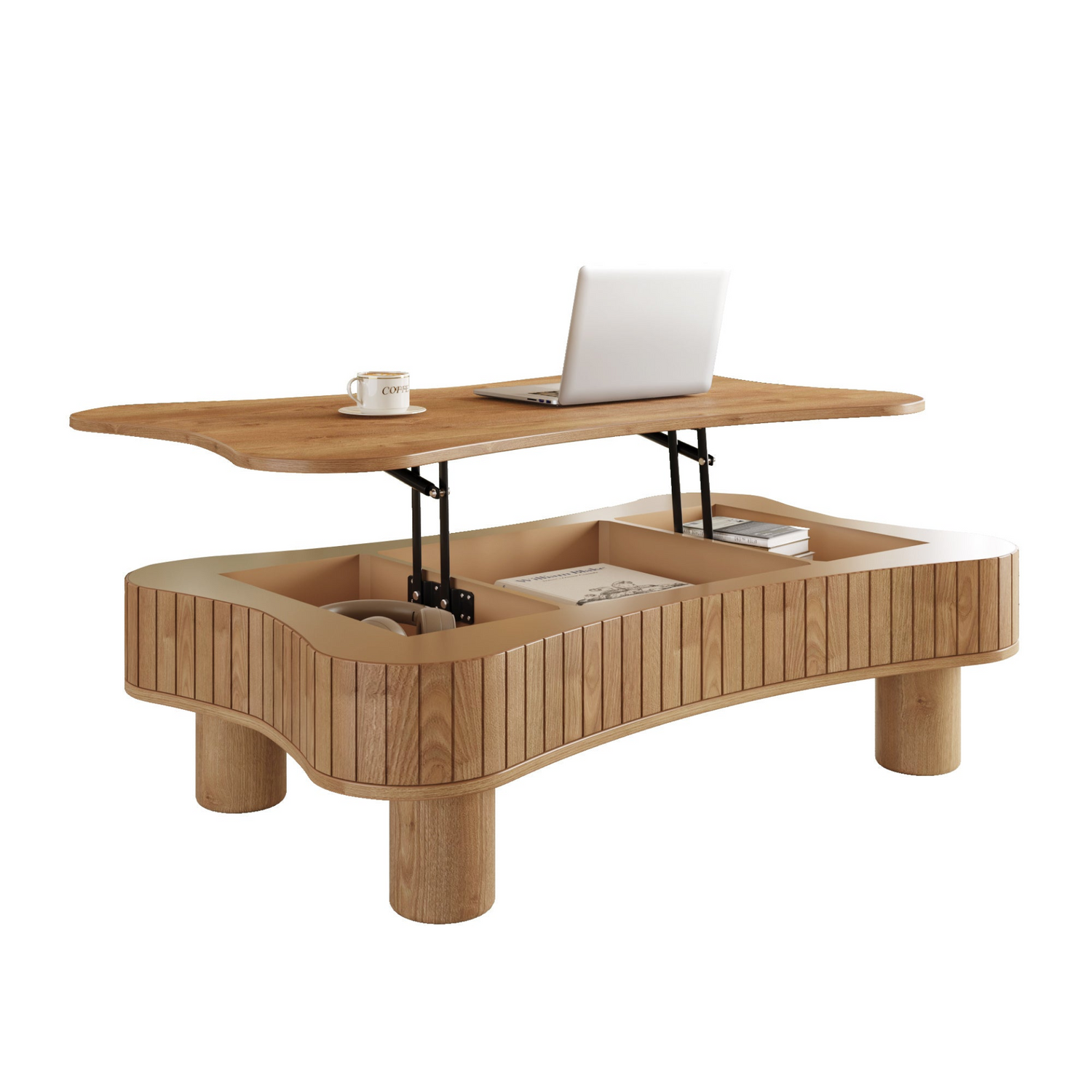 Light brown and black coffee table with lift-top storage, MDF and metal frame, ideal for living room furniture.