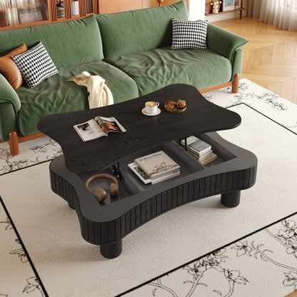 Light brown MDF and black metal coffee table with lift-top storage for living room, featuring a modern furniture design.