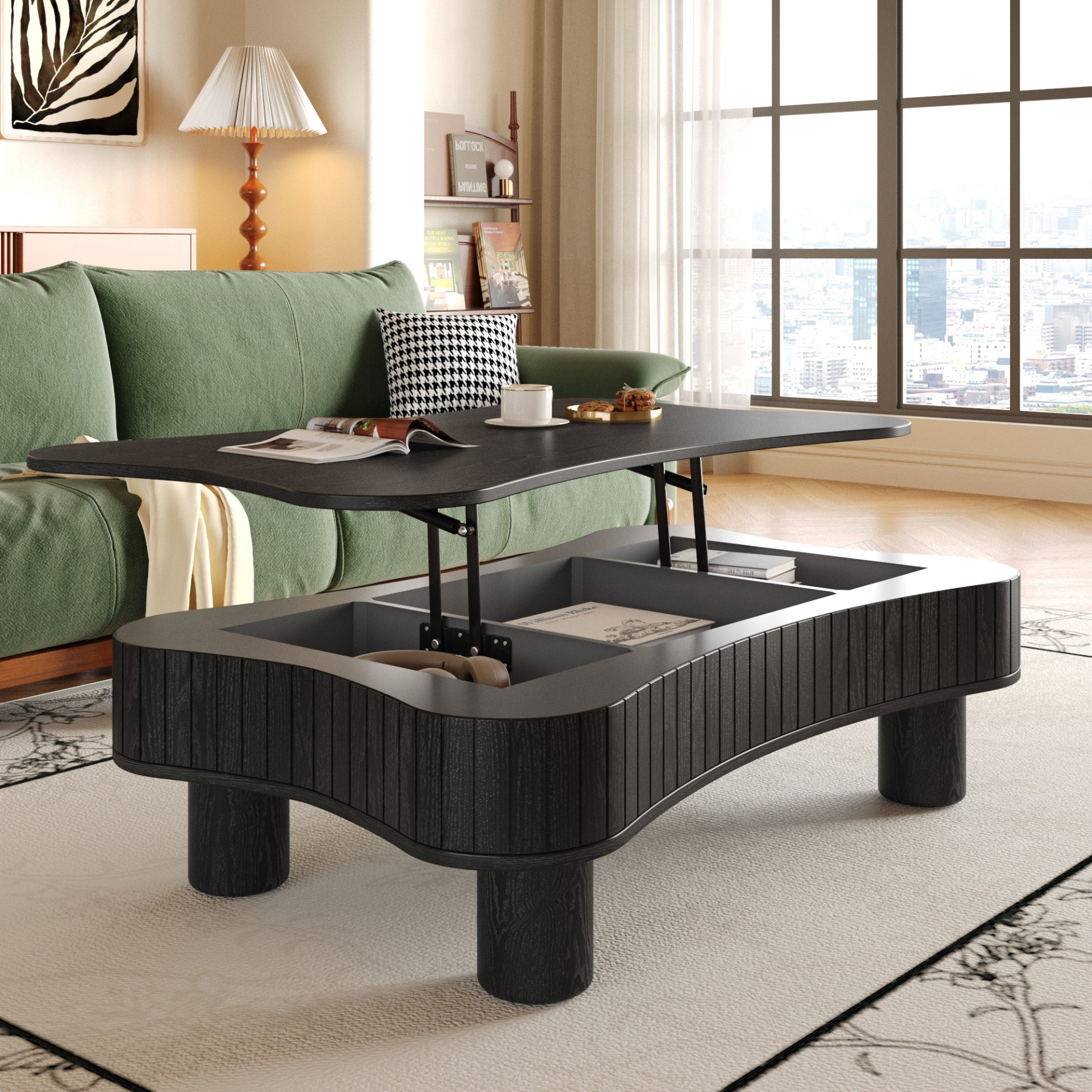 Light brown and black coffee table with lift-top storage, MDF and metal construction, ideal for living room furniture.