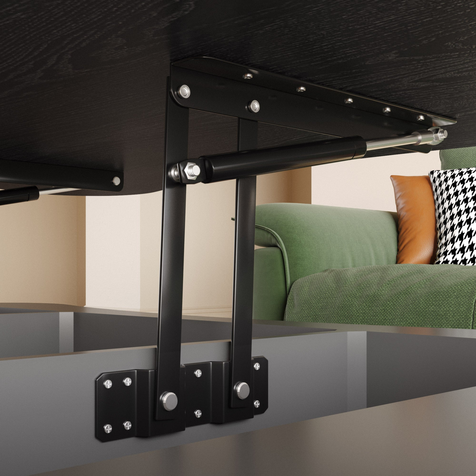 Light brown and black MDF and metal coffee table with lift-top storage, ideal for a modern living room setting.