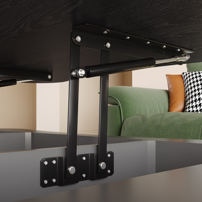 Light brown and black MDF and metal coffee table with lift-top storage, ideal for a modern living room setting.