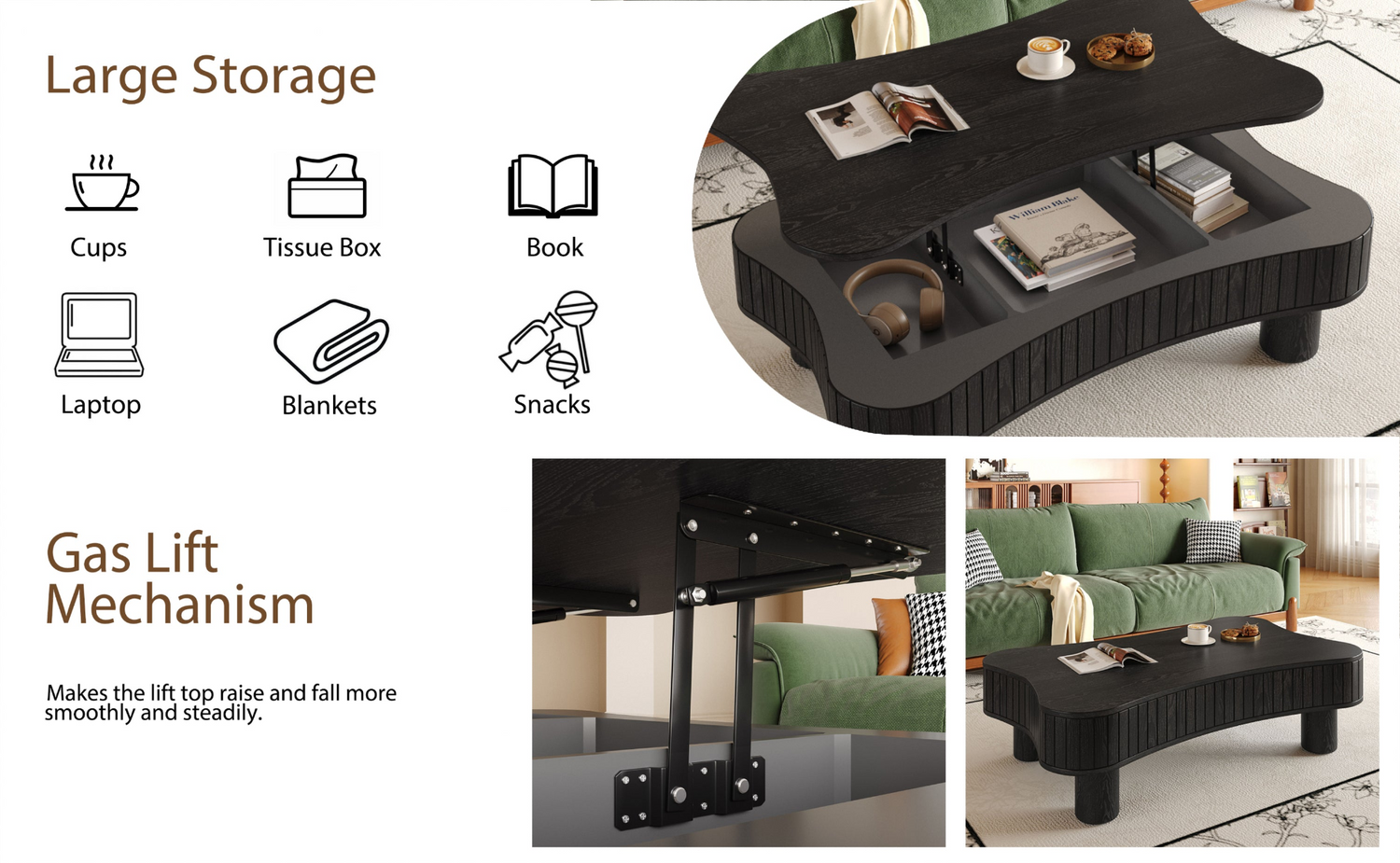 Light brown and black coffee table with MDF and metal construction featuring lift-top storage for living room use.