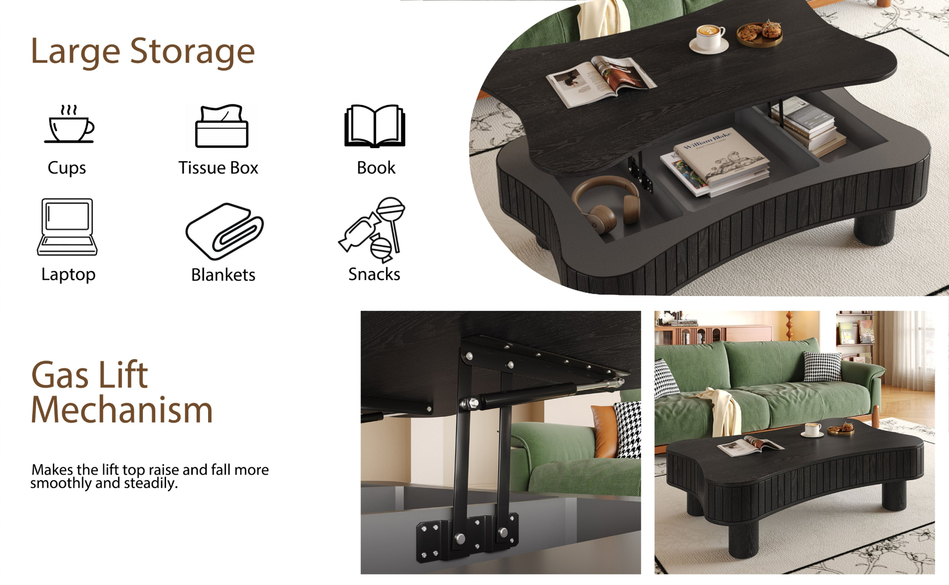 Light brown and black coffee table with MDF and metal construction featuring lift-top storage for living room use.