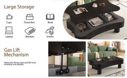 Light brown and black coffee table with MDF and metal construction featuring lift-top storage for living room use.