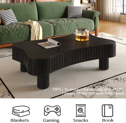 Light brown MDF and black metal coffee table with lift-top storage, ideal for modern living room furniture.