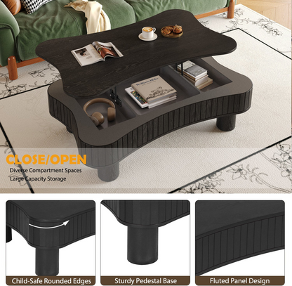Light brown and black coffee table with MDF and metal construction featuring lift-top storage for living room use.