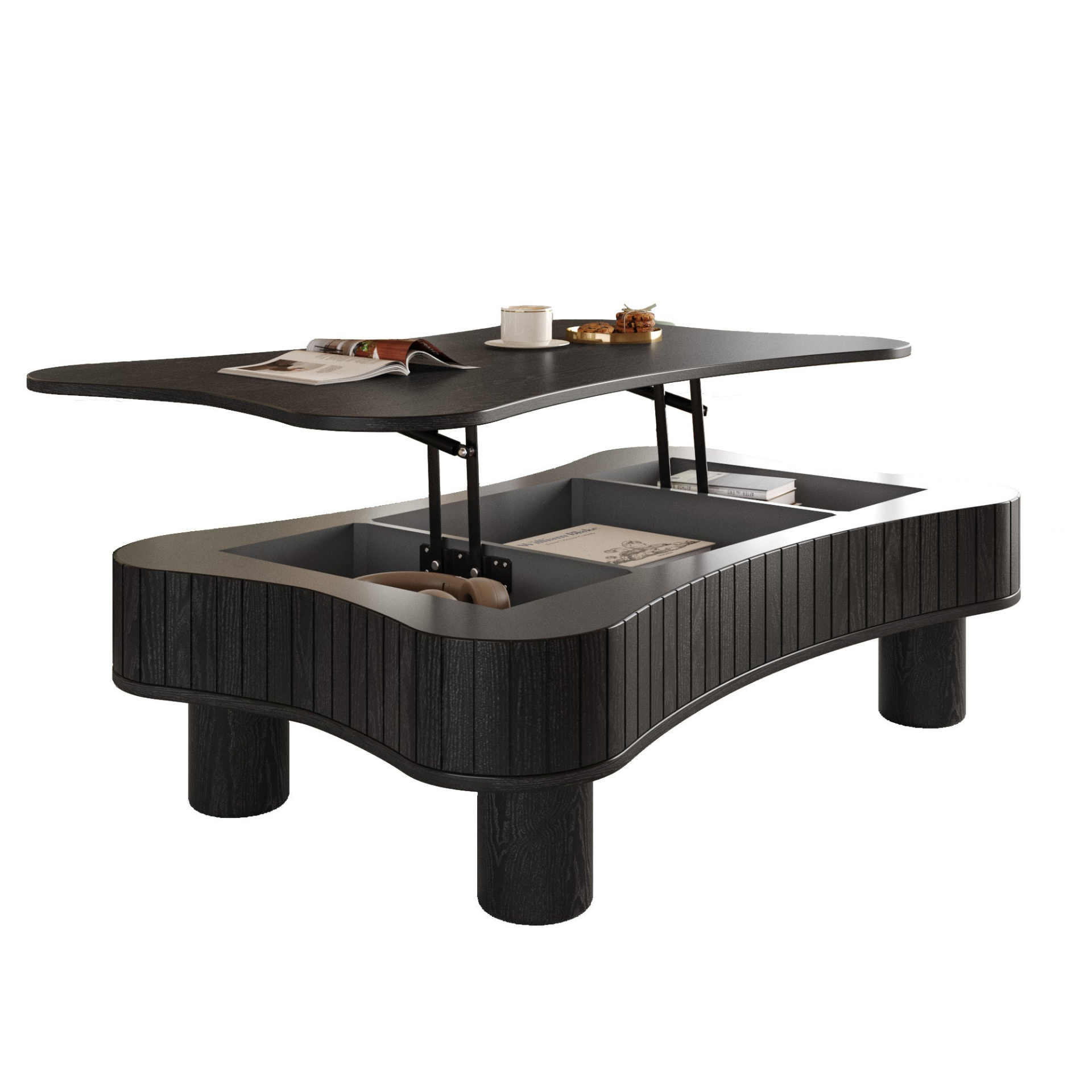 Light brown MDF and black metal coffee table with lift-top storage for living room, by Start2Finish furniture.