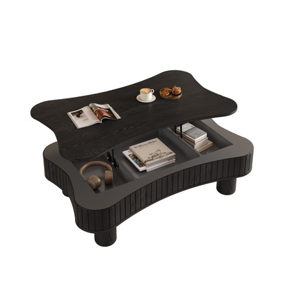 Light brown and black coffee table with MDF top and metal frame featuring lift-top storage for living room furniture.