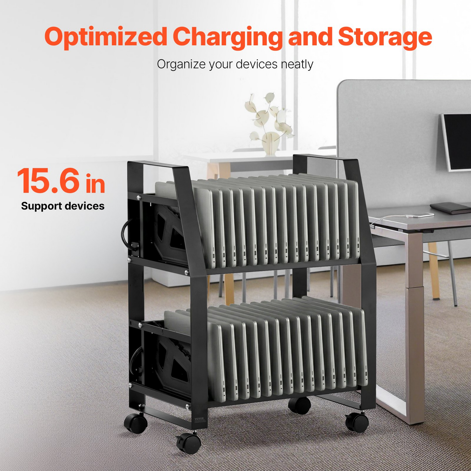 Start2Finish VEVOR laptop charging cart with wheels, open design for 32 devices, easy access slots, and surge control in office or classroom