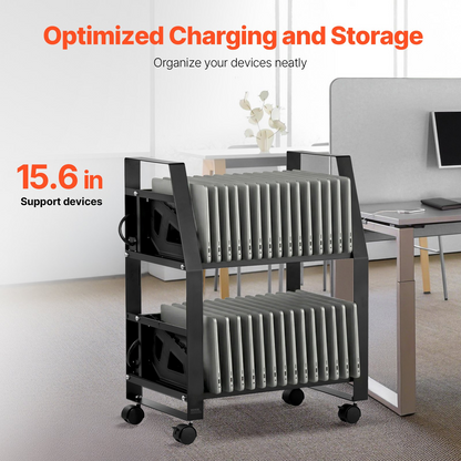 Start2Finish VEVOR laptop charging cart with wheels, open design for 32 devices, easy access slots, and surge control in office or classroom