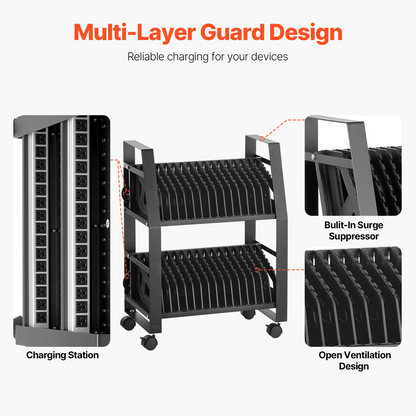Start2Finish VEVOR laptop charging cart with open slots, wheels, and surge control for tablets and laptops up to 15.6 inches.