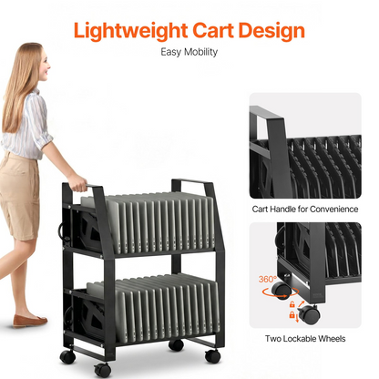 Start2Finish VEVOR laptop charging cart with wheels, open slots for tablets and laptops up to 15.6 inches, surge control, office or classroom use.