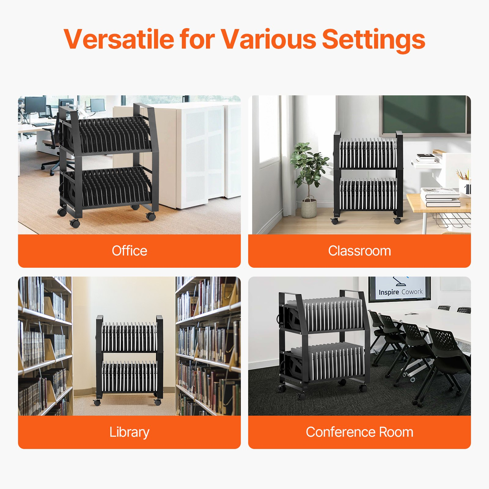 Vevor laptop charging cart by Start2Finish with wheels, open slots for 15.6-inch devices, surge control, ideal for office or classroom.