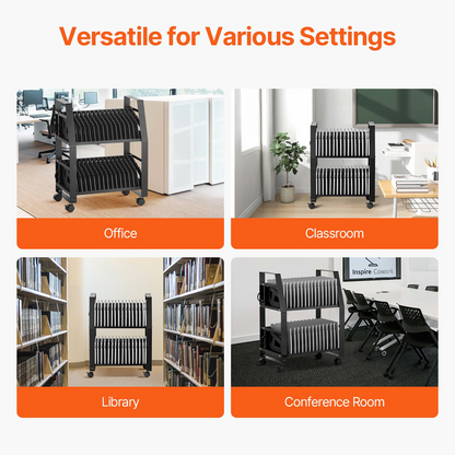 Vevor laptop charging cart by Start2Finish with wheels, open slots for 15.6-inch devices, surge control, ideal for office or classroom.