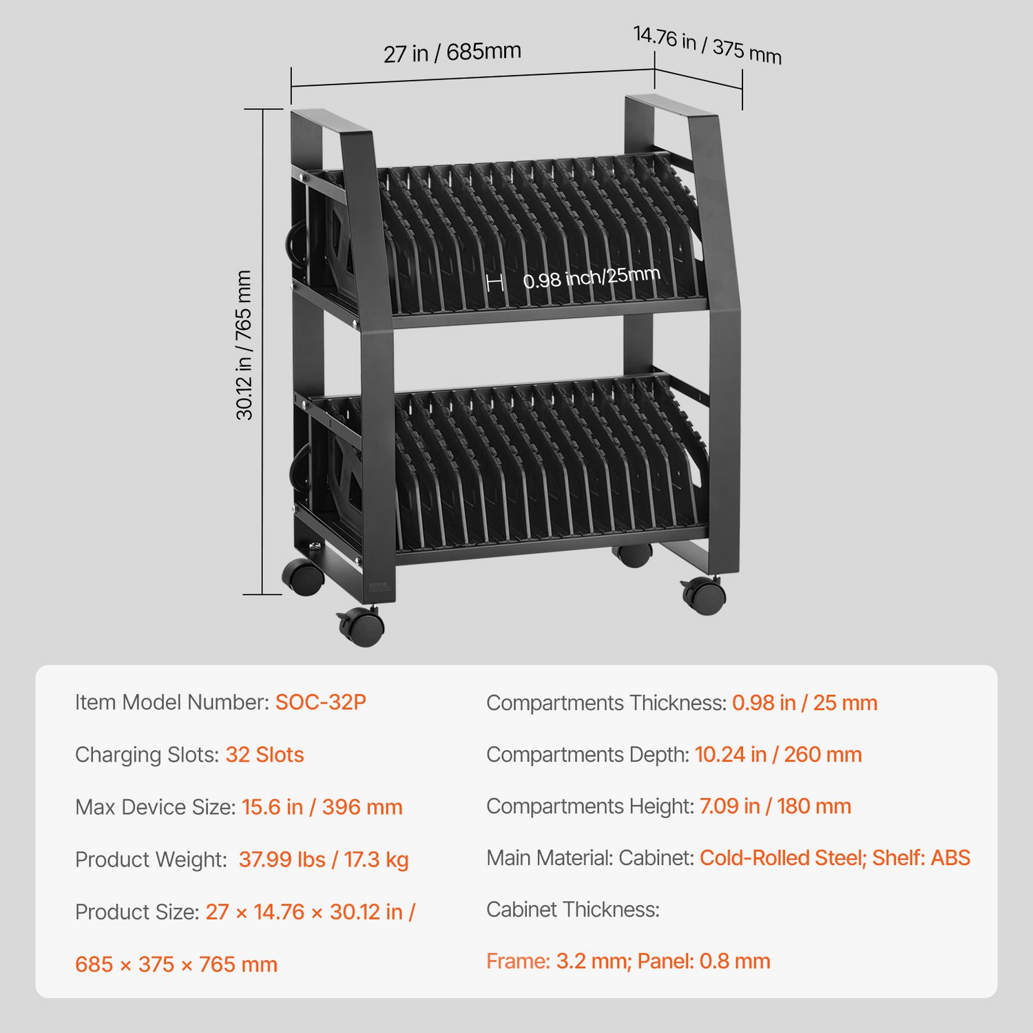 Start2Finish VEVOR Laptop Charging Cart with wheels, open slots for tablets and laptops up to 15.6 inches, ideal for offices and classrooms.