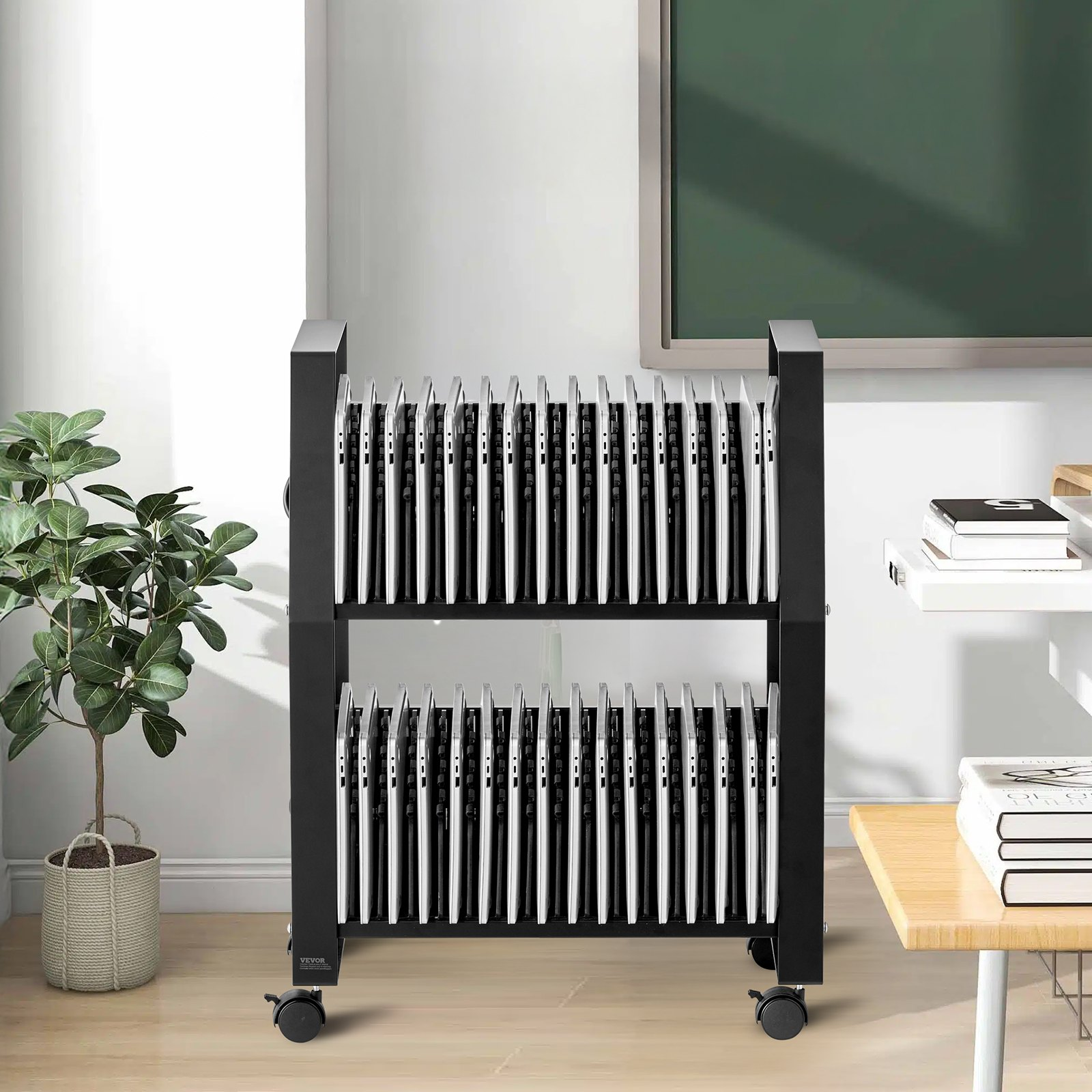 Start2Finish VEVOR laptop charging cart with open slots, wheels, and surge control for up to 32 tablets and laptops up to 15.6 inches.