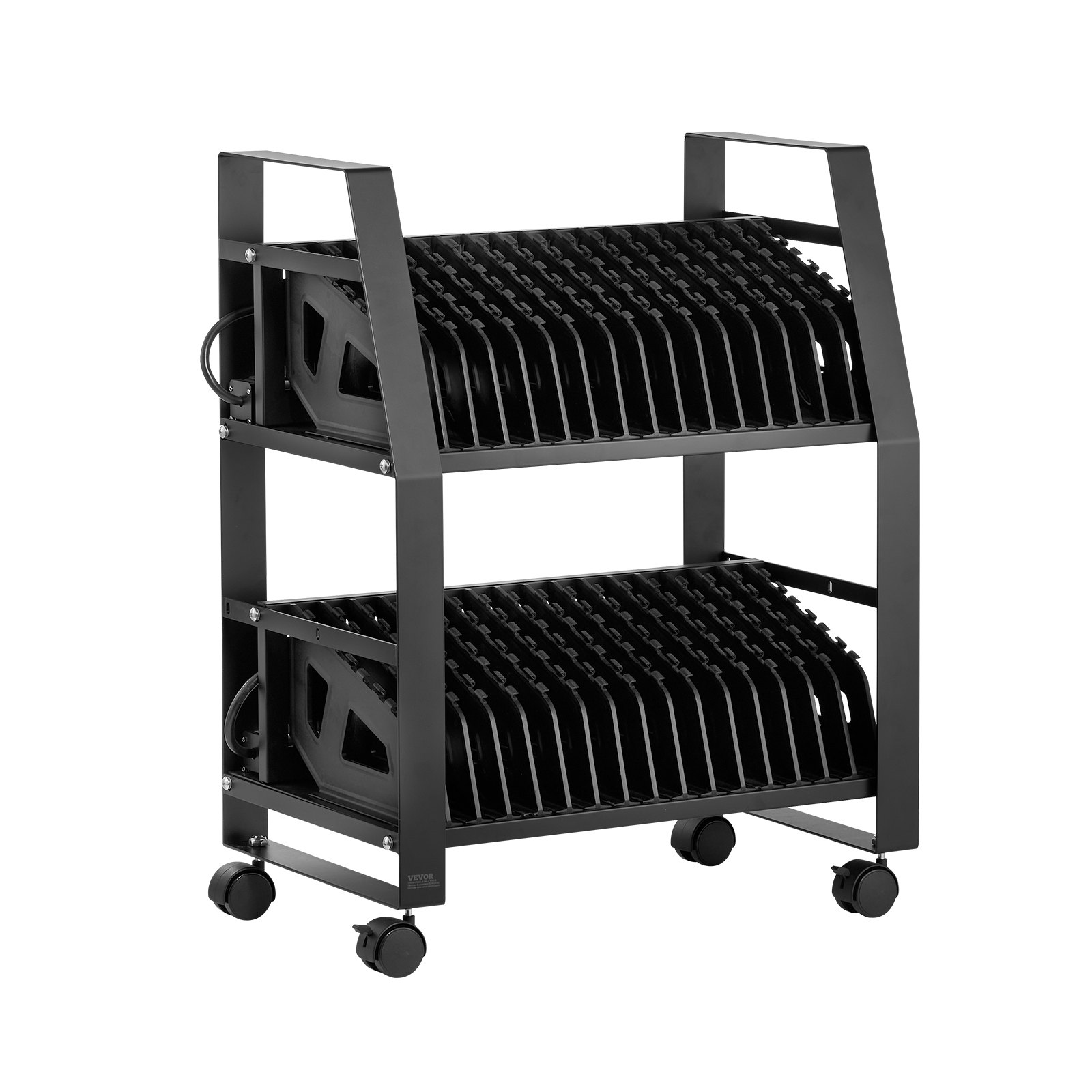 Start2Finish VEVOR laptop charging cart with wheels, open design, and slots for 15.6-inch devices, ideal for offices and classrooms.