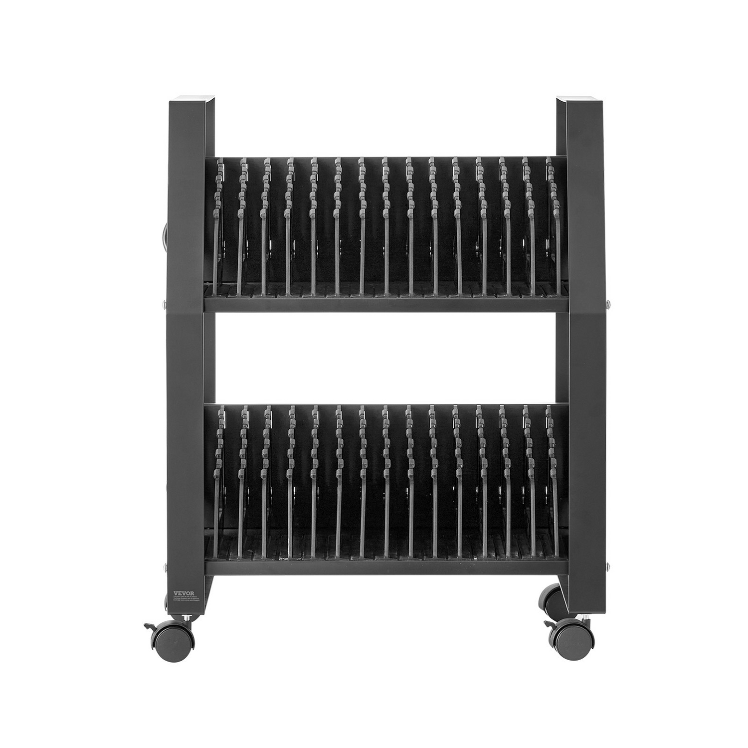 Start2Finish VEVOR laptop charging cart with open slots, wheels, and surge control for up to 32 tablets and laptops up to 15.6 inches.