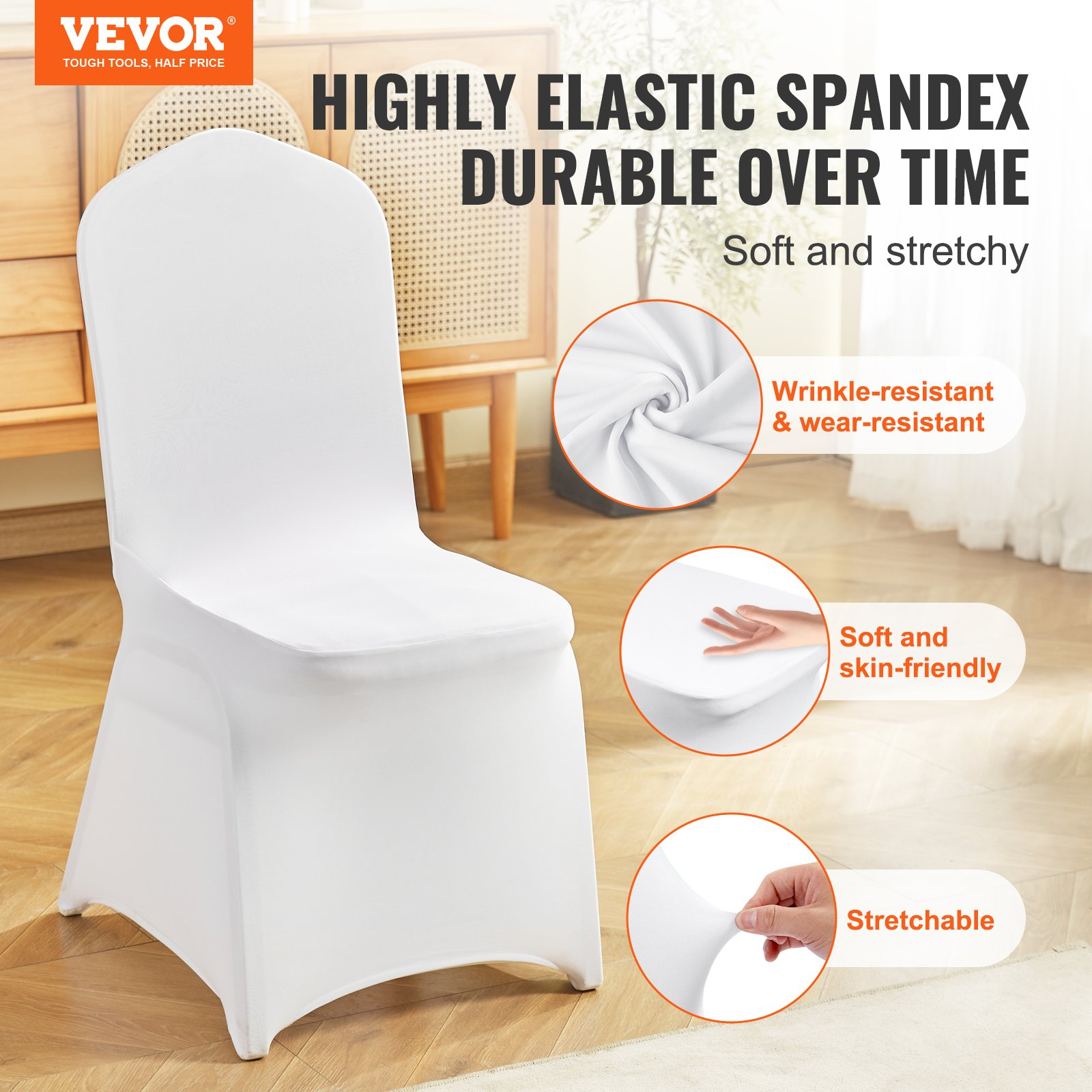 White VEVOR Stretch Spandex folding chair covers by Start2Finish, fitted, washable, for wedding, banquet, and event seating.