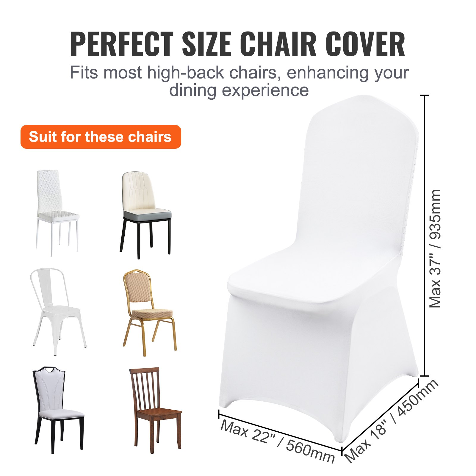 Set of 100 white VEVOR stretch spandex folding chair covers, washable and fitted for weddings, parties, and events.