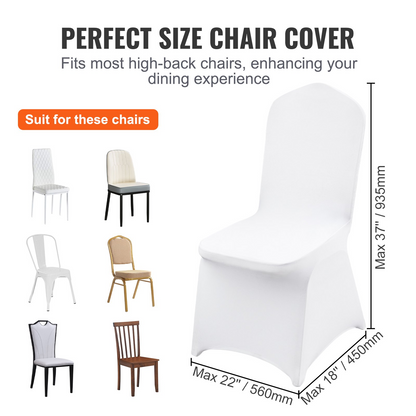 Set of 100 white VEVOR stretch spandex folding chair covers, washable and fitted for weddings, parties, and events.