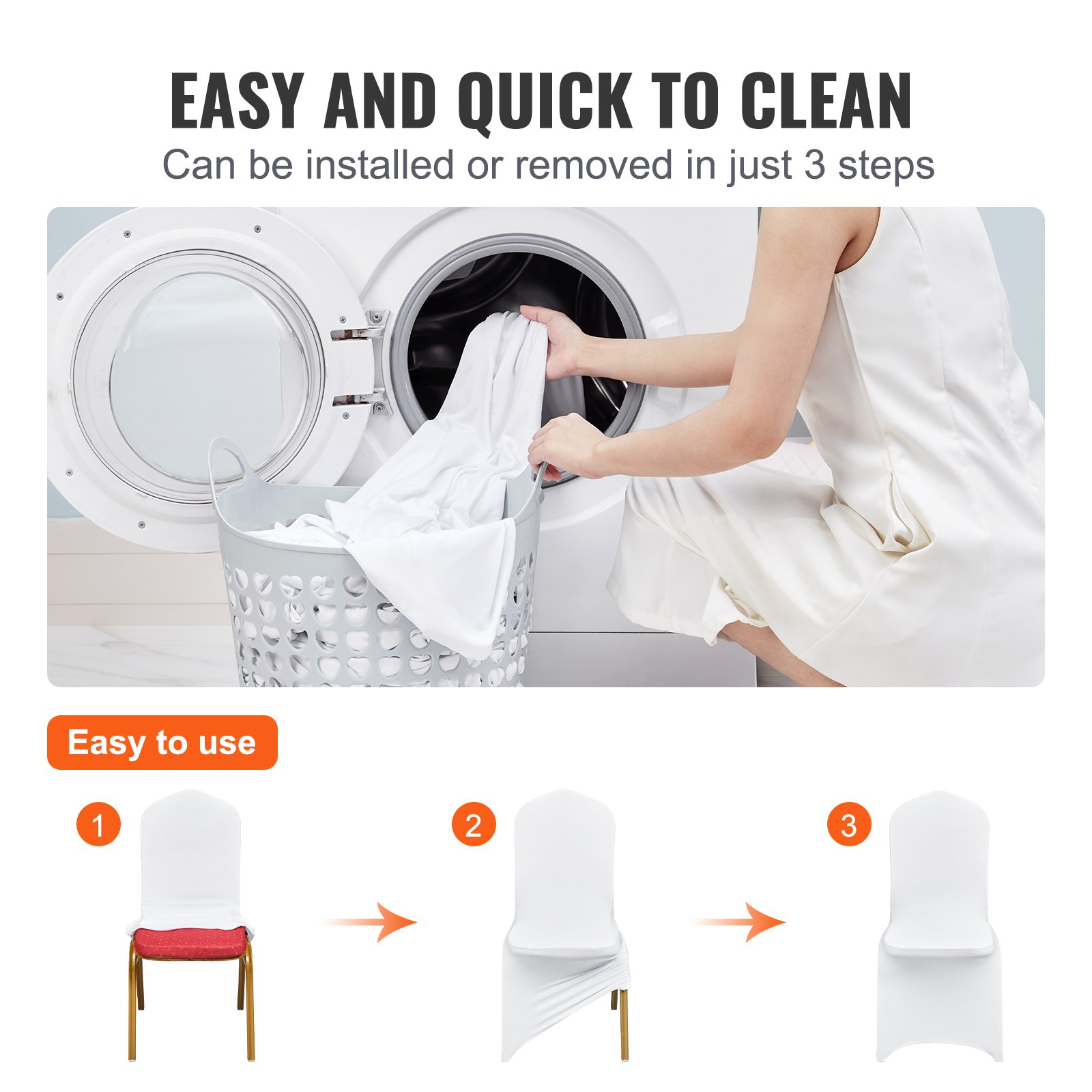 Start2Finish white VEVOR stretch spandex folding chair covers, fitted and washable for weddings, parties, and events, 100-pack.