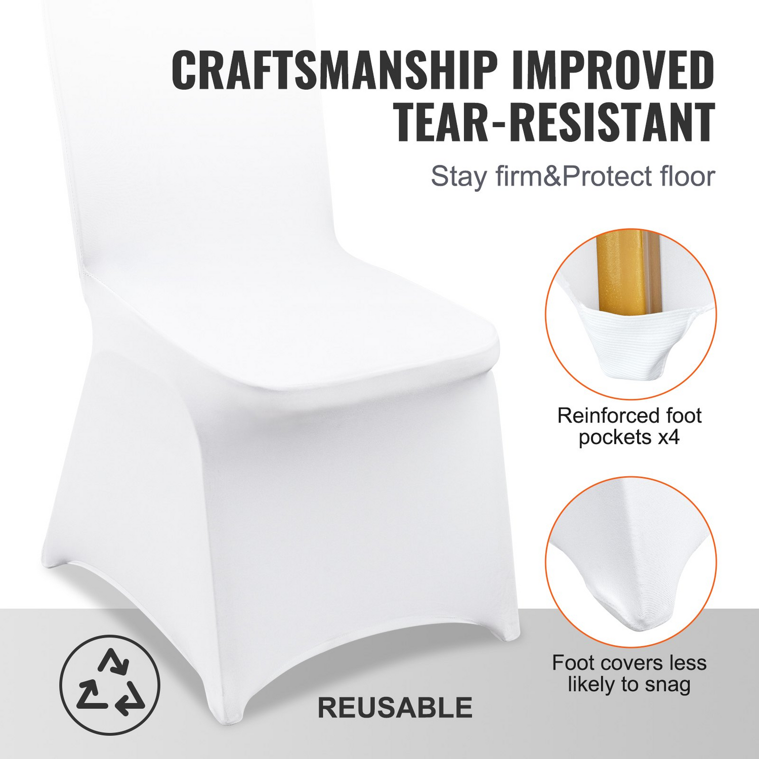White VEVOR Stretch Spandex folding chair covers, universal fitted, washable protective slipcovers for events and celebrations.