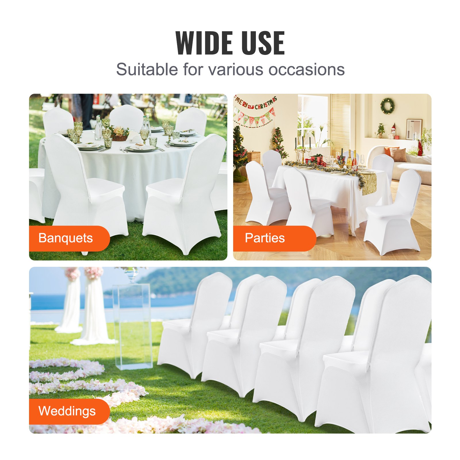 Set of white VEVOR Stretch Spandex folding chair covers, washable fitted slipcovers for weddings, parties, and events.