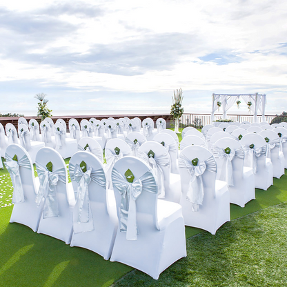 Set of 100 white VEVOR stretch spandex folding chair covers, fitted, washable, for weddings, parties, banquets, and events.