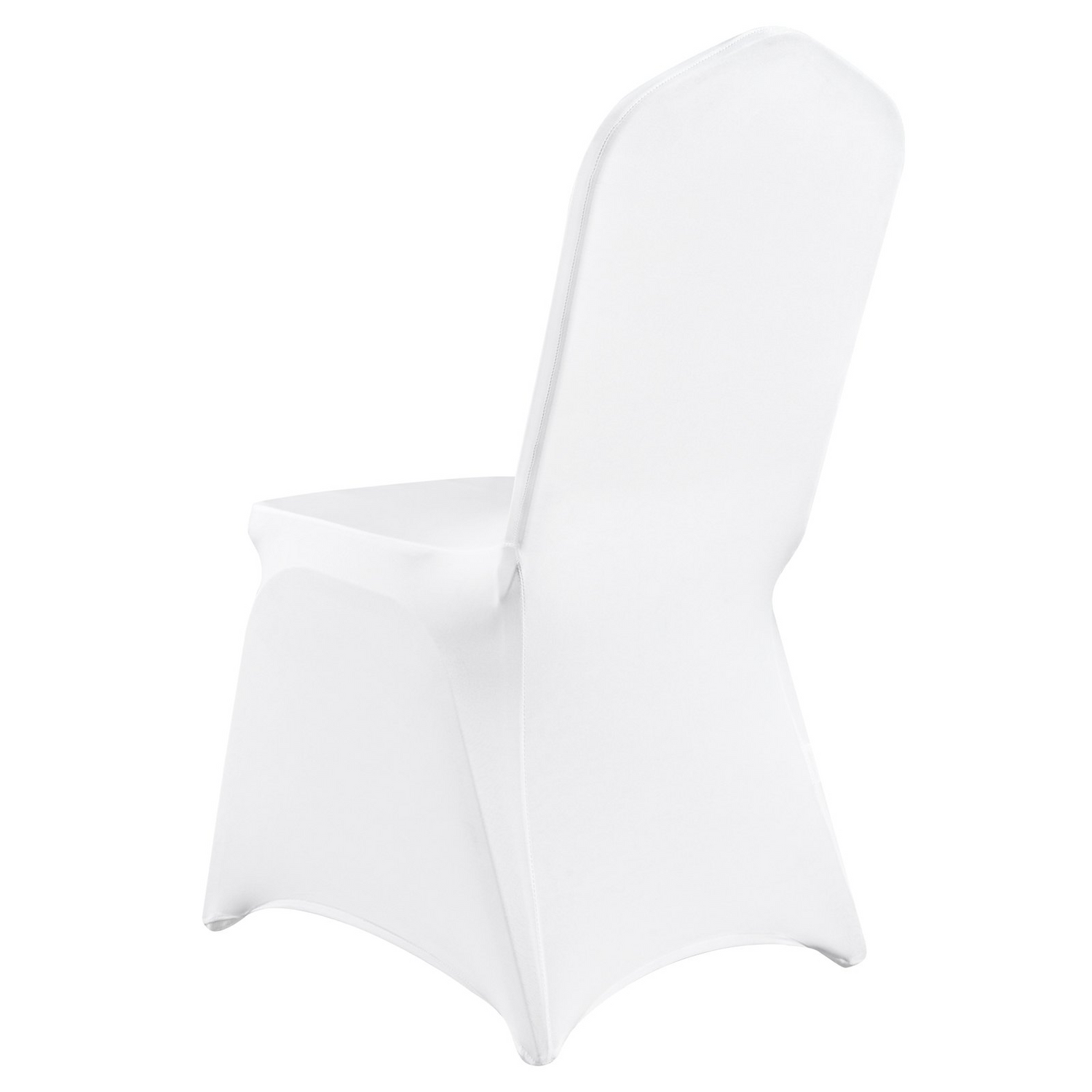 White VEVOR Stretch Spandex folding chair covers on banquet chairs, designed for weddings, parties, and events, with a fitted, washable style.