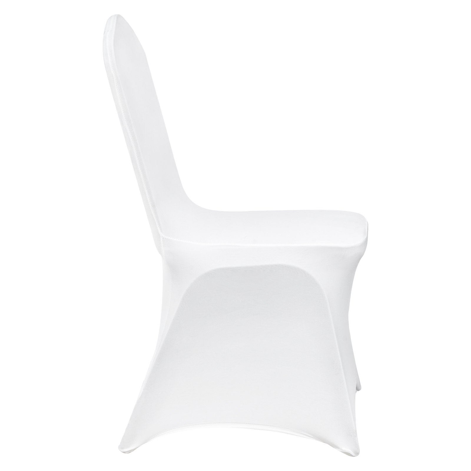 Set of white VEVOR stretch spandex folding chair covers on banquet chairs, designed for weddings, parties, and events.