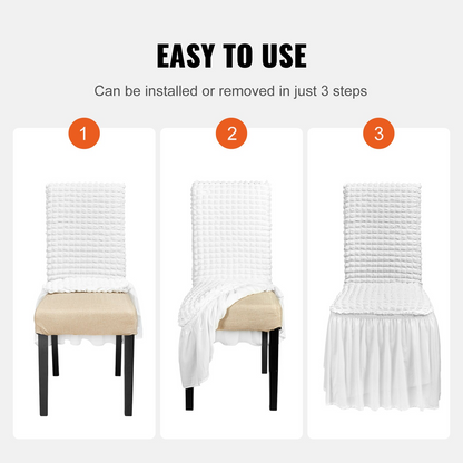 Set of four white VEVOR Stretch Spandex folding chair covers with fitted design and removable skirt for weddings and events.