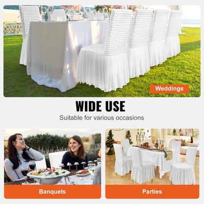 Four white VEVOR stretch spandex folding chair covers with skirts, fitted for wedding, party, and event seating.