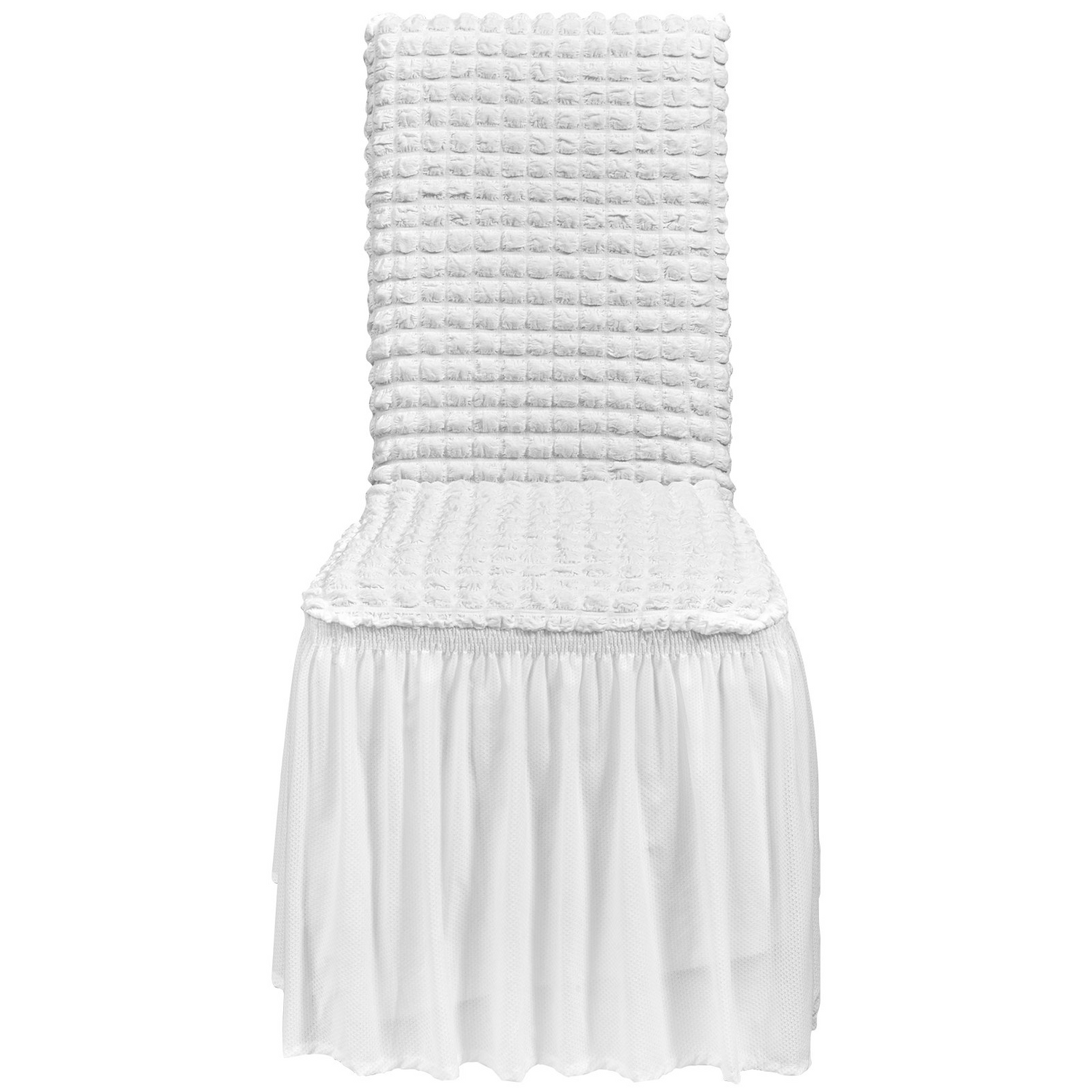 White VEVOR stretch spandex folding chair covers with skirts, set of four, designed for weddings, parties, and special events.