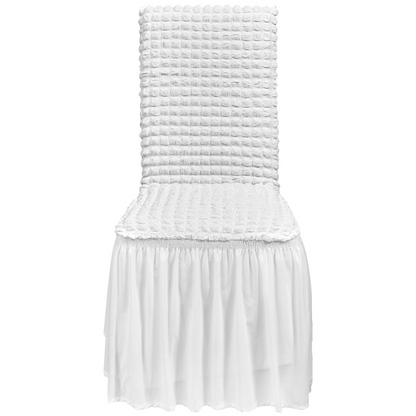 White VEVOR stretch spandex folding chair covers with skirts, set of four, designed for weddings, parties, and special events.