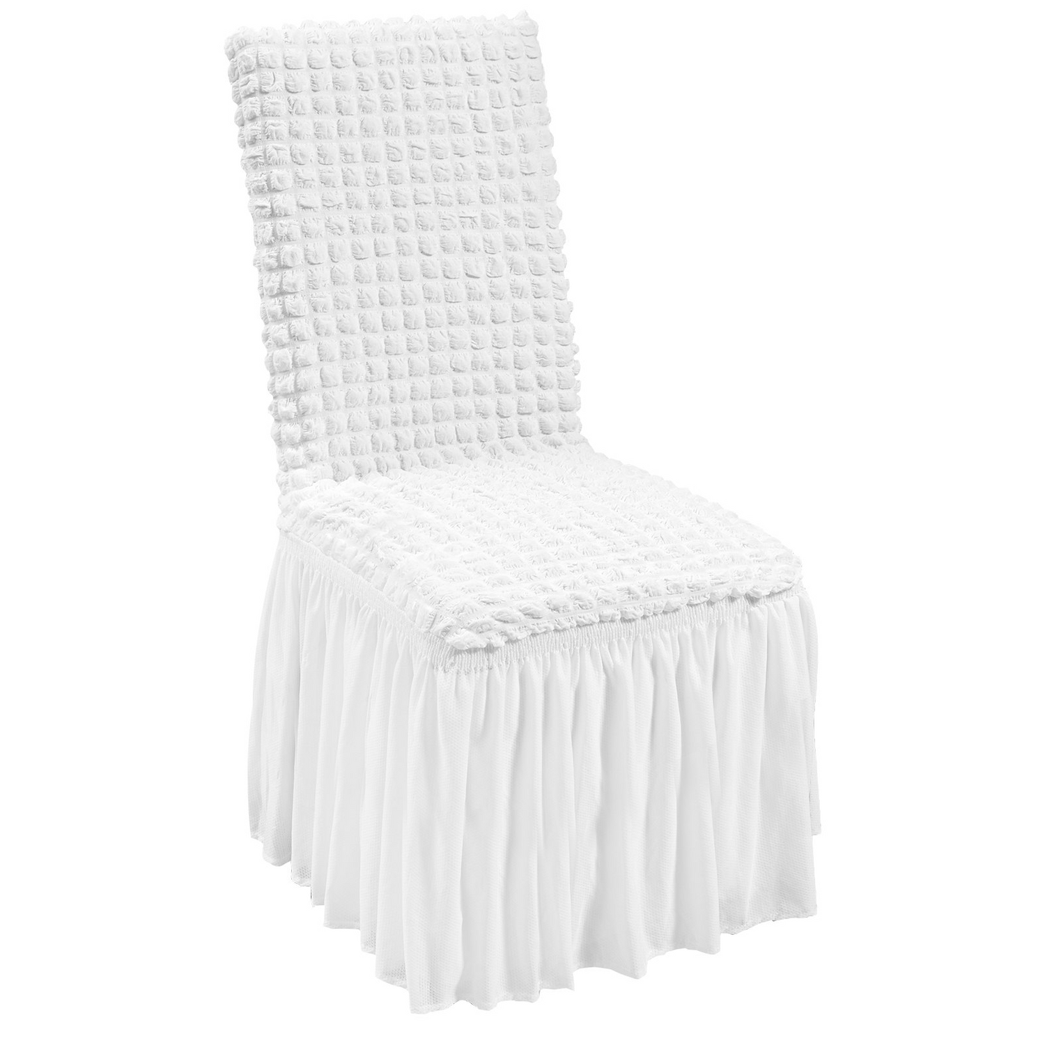 Set of four white VEVOR stretch spandex folding chair covers with skirts, fitted, washable, ideal for weddings and parties.