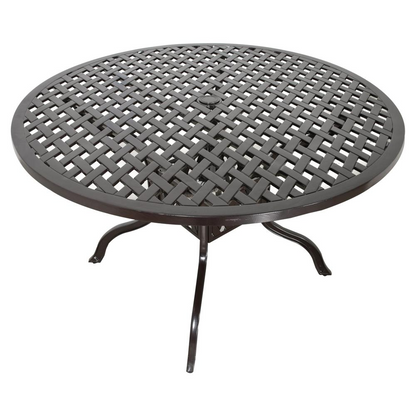Start2Finish Savannah outdoor aluminum round dining table with sleek silver finish, ideal for patio or garden seating.